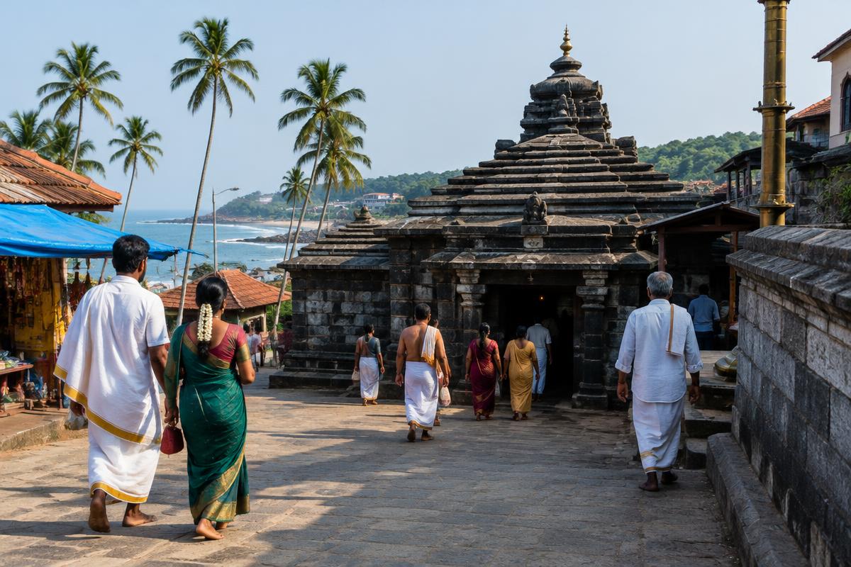 Illustrative coastal temple scene for a devotional journey