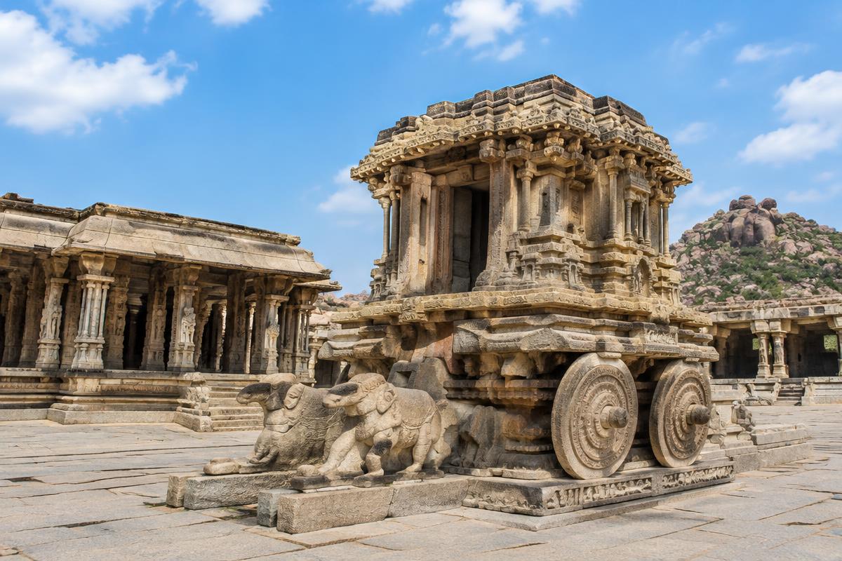Illustrative view of Hampi’s carved stone chariot and temple courtyard